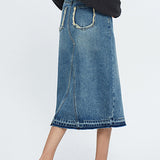 Fringe Decor Front Slit Long Denim Skirt - liwisi