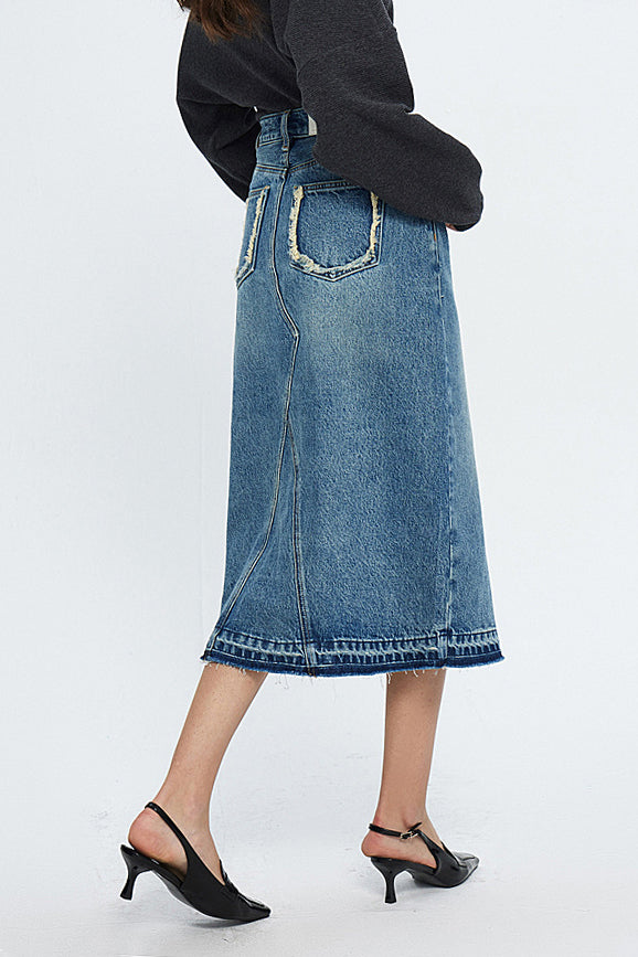 Fringe Decor Front Slit Long Denim Skirt - liwisi
