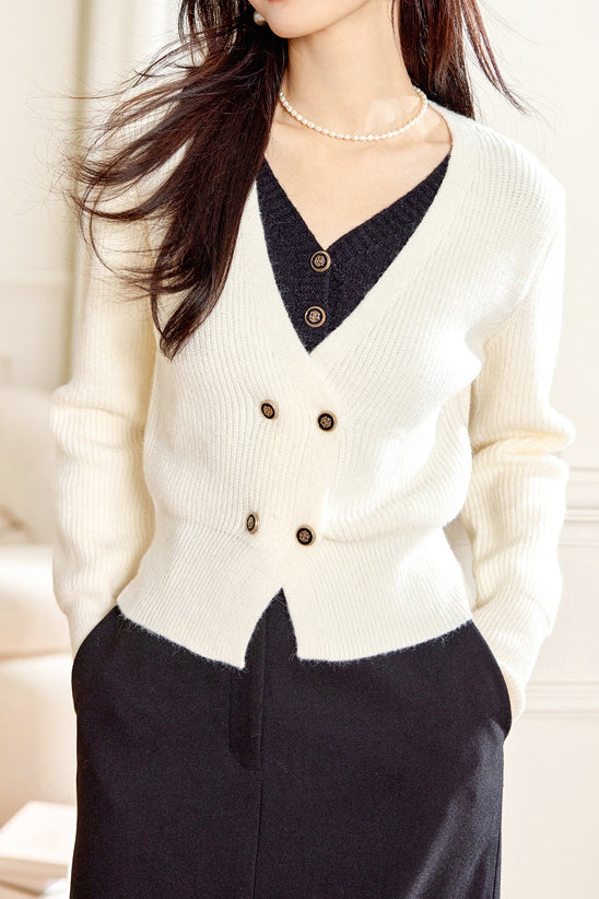 Faux Two-Piece Double Button Bi-Color V-Neck Knit - liwisi