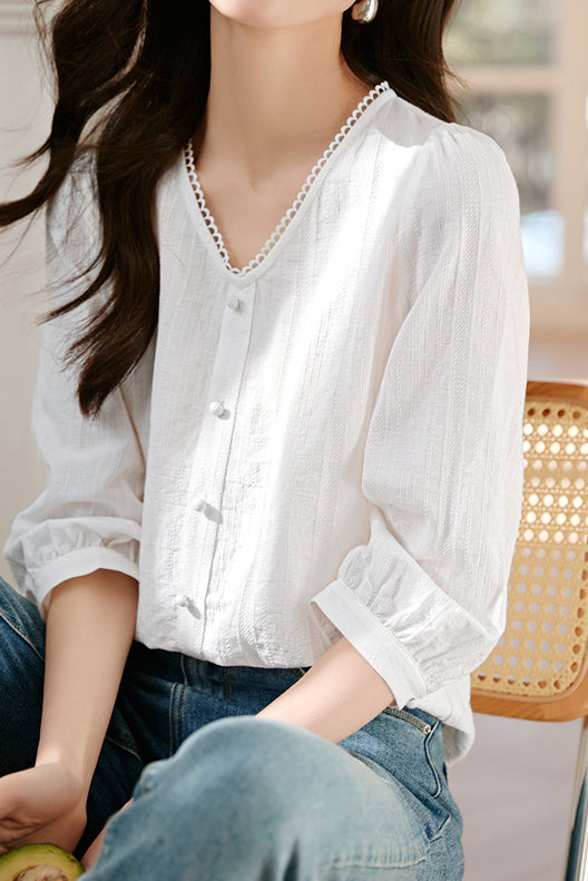 Scalloped V-Neck Button Decor Embroidered Blouse - liwisi