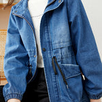 Stand Collar Zip-Up Denim Jacket - liwisi