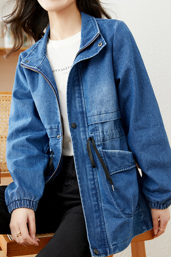 Stand Collar Zip-Up Denim Jacket - liwisi
