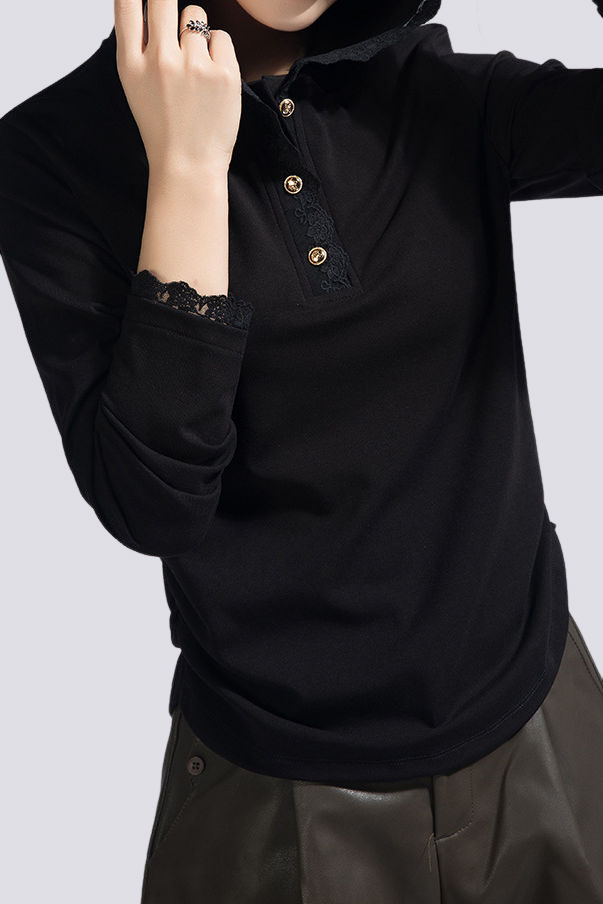 Casual Lace Long-Sleeve Edge Hooded T-Shirt - liwisi