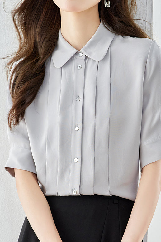 Peter Pan Collar Front Tuck Satin Blouse - 2 Colors Available - liwisi