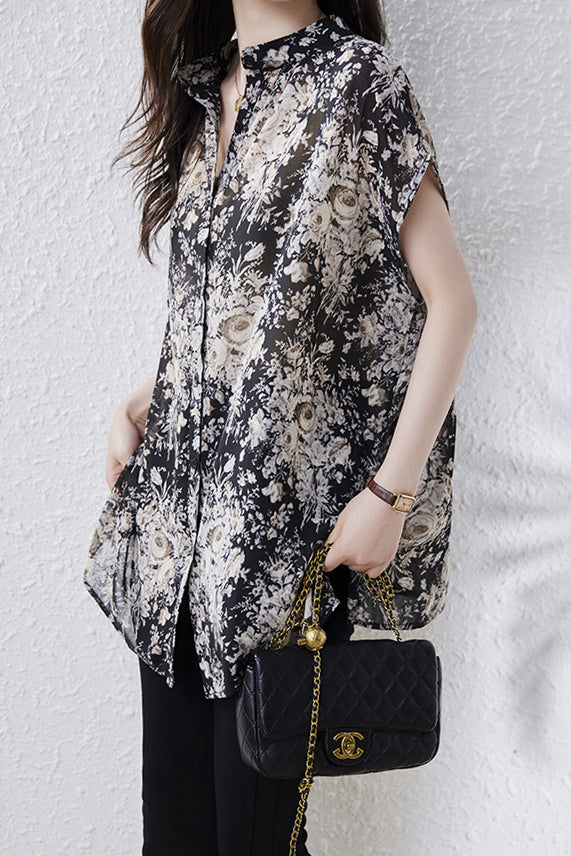 Skipper Collar Side Slit Flower Print Shirt - liwisi