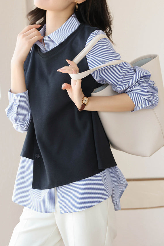 Mixed Material Striped Contrast Blouse - liwisi