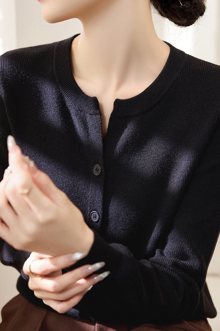 Solid Color Versatile Round Neck Knit Cardigan - liwisi