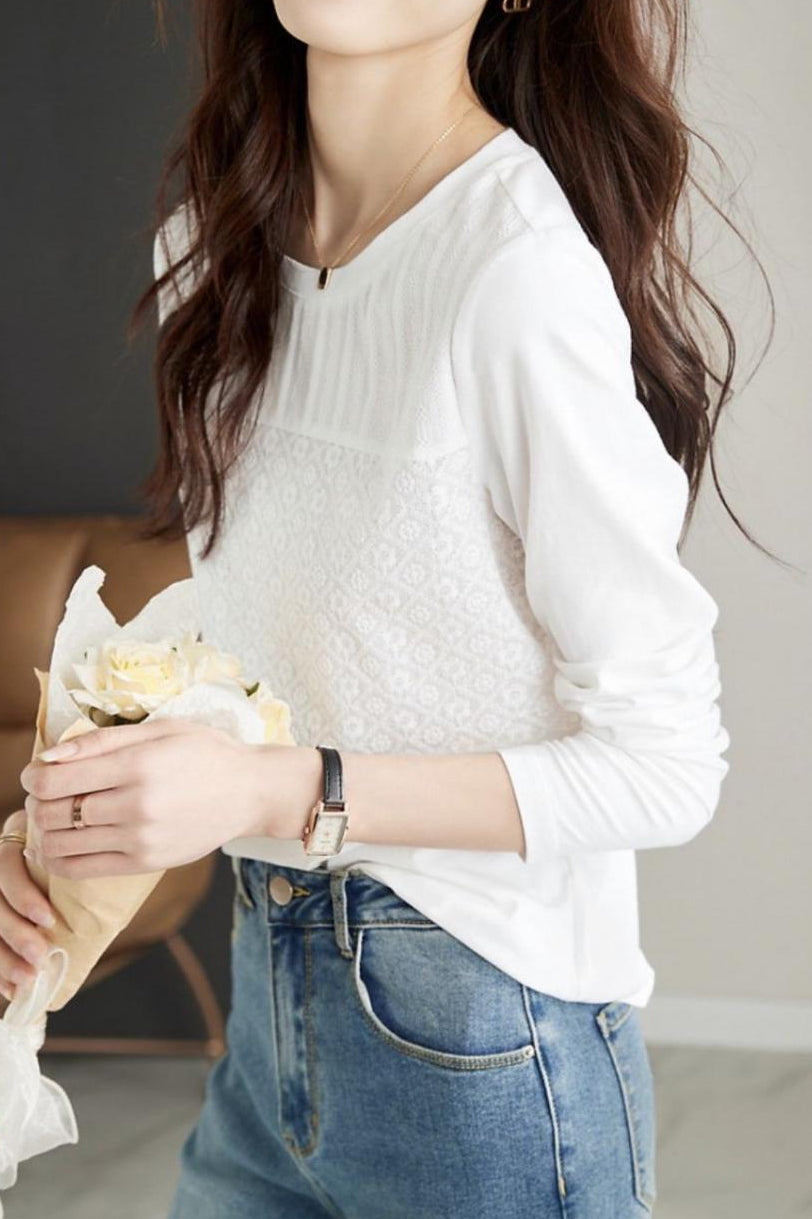 Round Neck Flower Embroidered Lace Contrast Blouse - liwisi