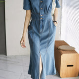 V-Neck Front Slit Mermaid Denim Dress - liwisi