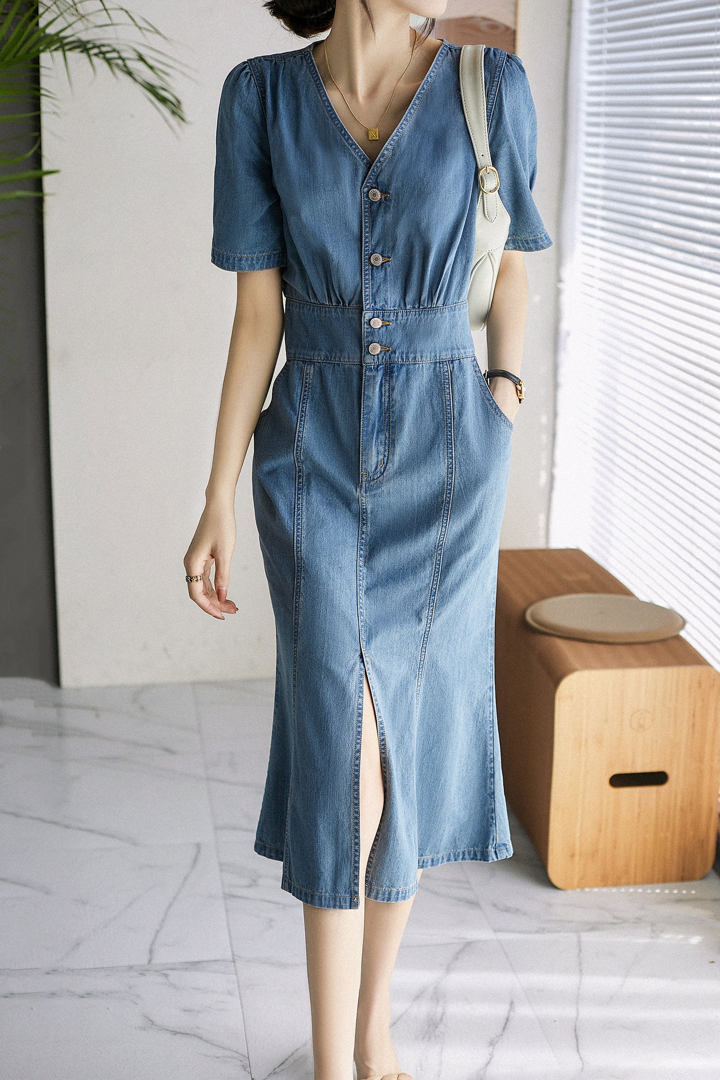 V-Neck Front Slit Mermaid Denim Dress - liwisi