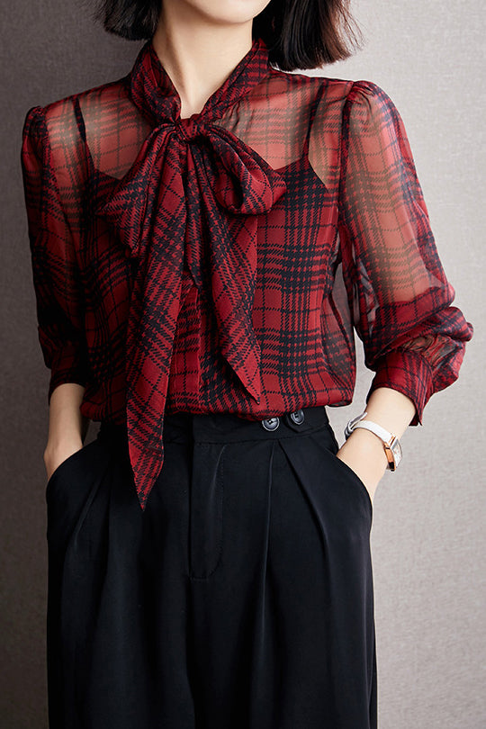 Bow Tie Collar Check Pattern Sheer Blouse - liwisi