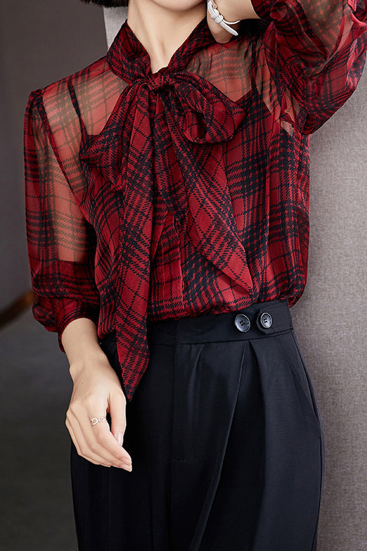 Bow Tie Collar Check Pattern Sheer Blouse - liwisi
