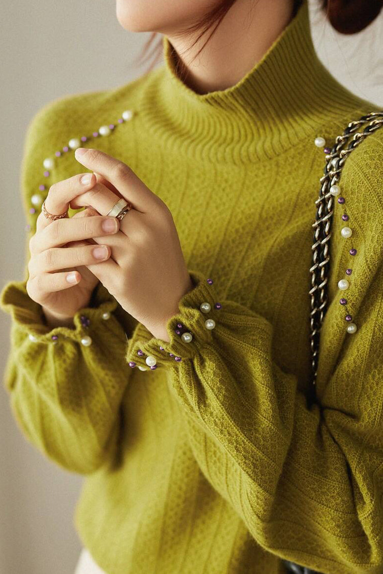 Elegant beaded high - neck knitted sweater - liwisi