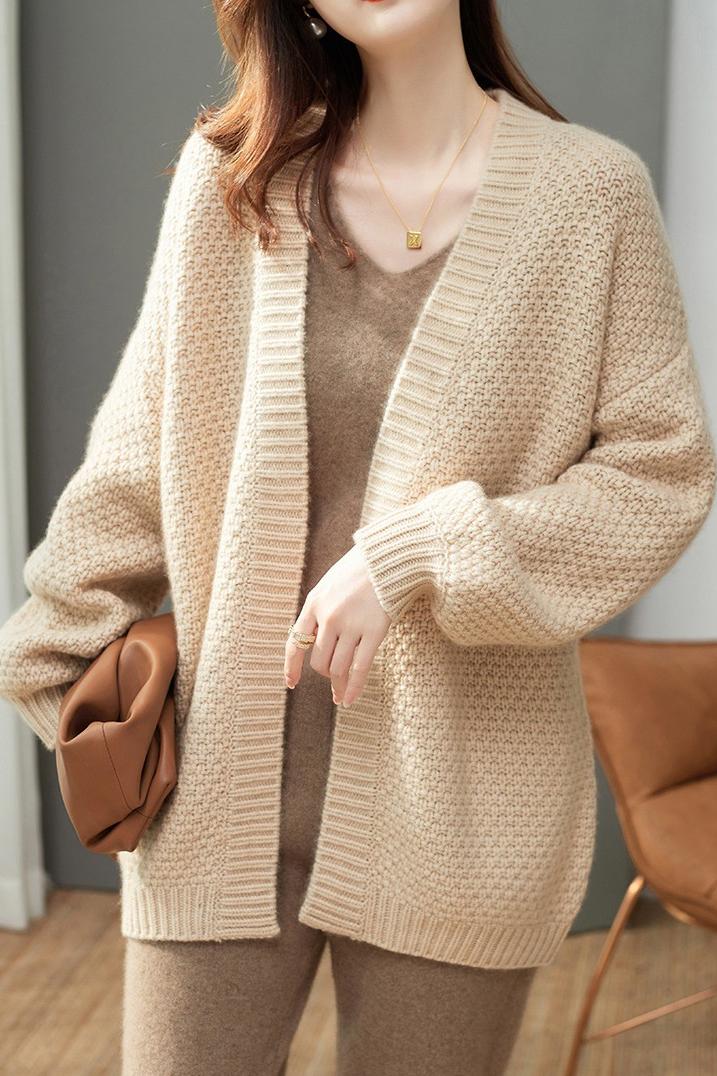Open Collar Full Opening Buttonless Shawl Knit Jacquard Plain Cardigan - liwisi