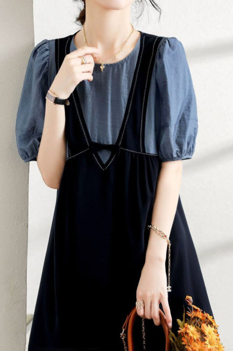 Layered Look Stitch Decor Semi-Flare Dress - 2 Colors Available - liwisi