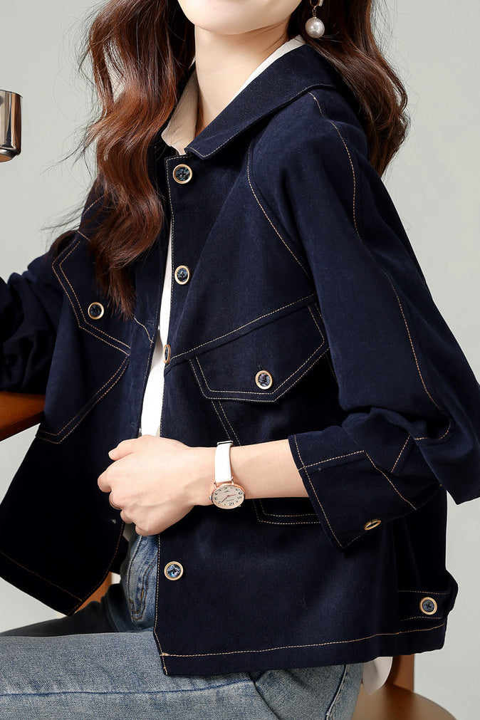 Fashionable Folded Collar Denim Jacket - liwisi