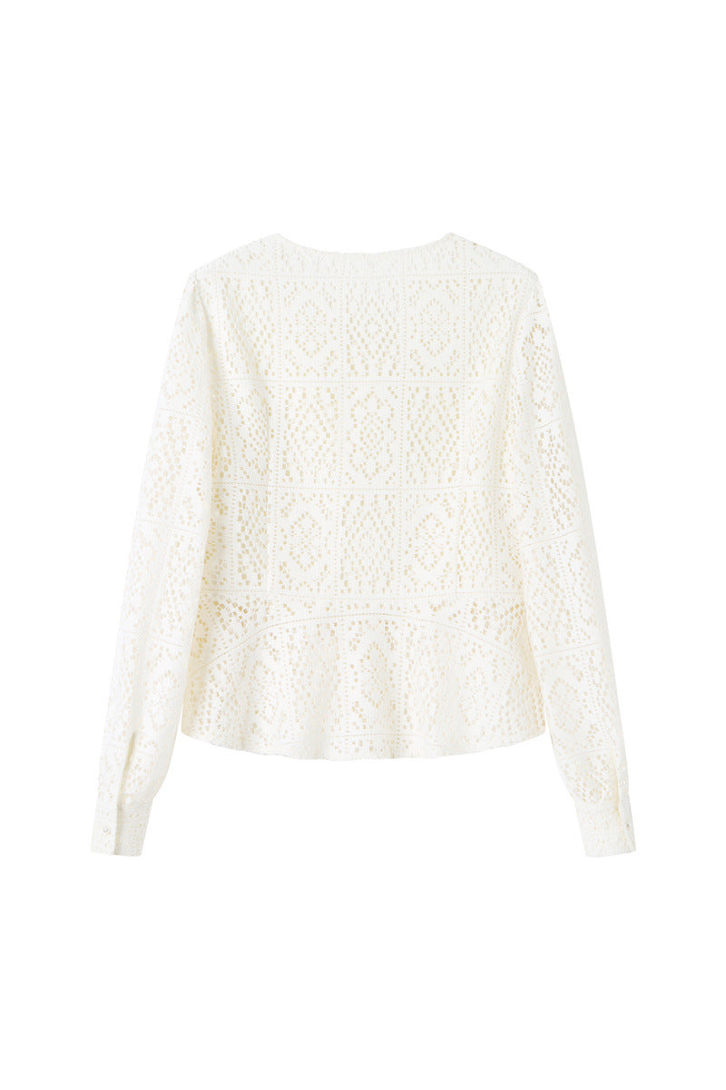 Round Neck Openwork Long Sleeve Cardigan with Lining - 2 Colors Available - liwisi