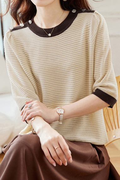 Bi-Color Hem Button Decor Knit Top - 3 Colors Available - liwisi