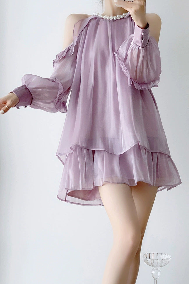 Off-shoulder halter neck dress with pearl decoration - liwisi