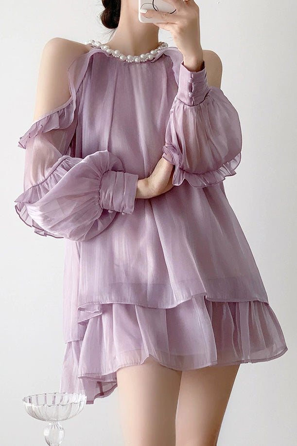 Off-shoulder halter neck dress with pearl decoration - liwisi