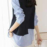 Mixed Material Striped Contrast Blouse - liwisi