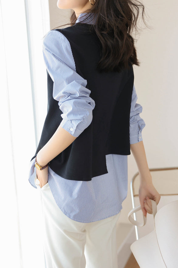 Mixed Material Striped Contrast Blouse - liwisi