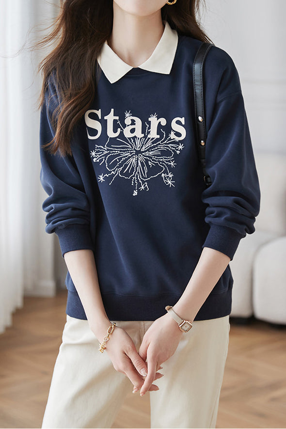 Casual Letter Embroidered Faux Layered Collar Sweatshirt - liwisi