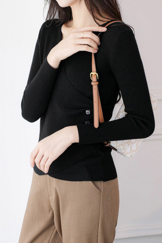 V-Neck Front Cross Side Gathered Button Decor Knit - 4 Colors Available - liwisi
