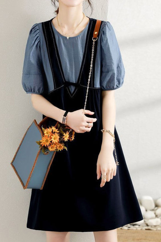 Layered Look Stitch Decor Semi-Flare Dress - 2 Colors Available - liwisi