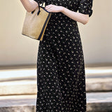 V-Neck Floral Long Tie-Belted Dress - liwisi