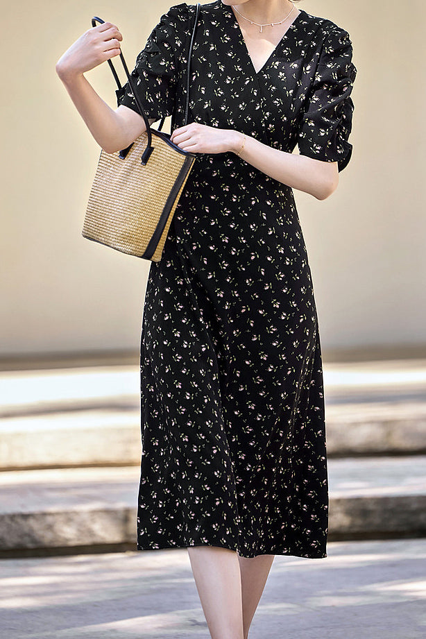 V-Neck Floral Long Tie-Belted Dress - liwisi