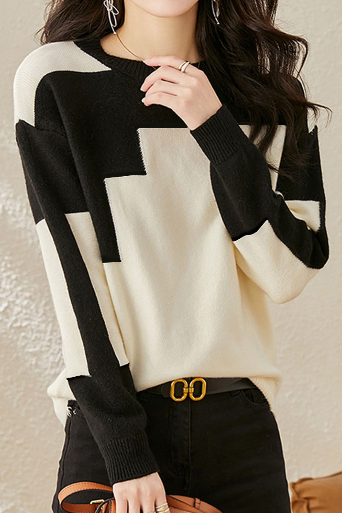 Casual Comfortable Dual-Tone Crew Neck Knit Sweater - liwisi