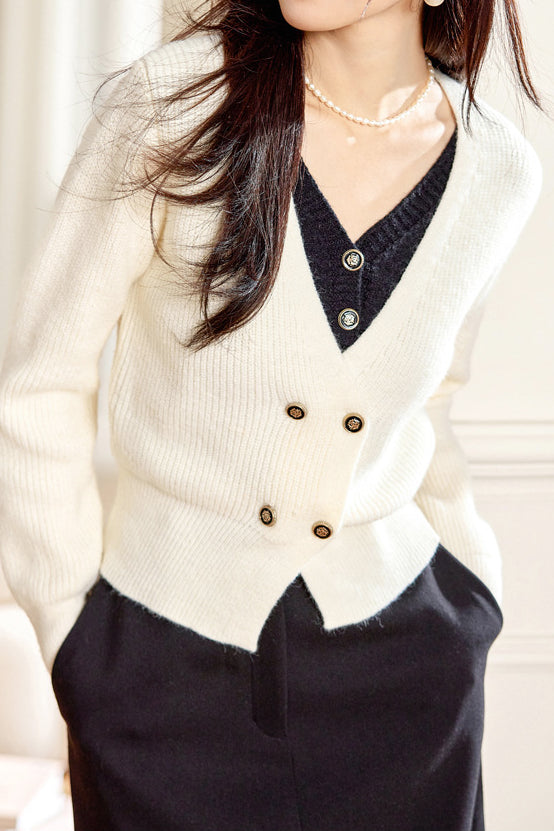 Faux Two-Piece Double Button Bi-Color V-Neck Knit - liwisi