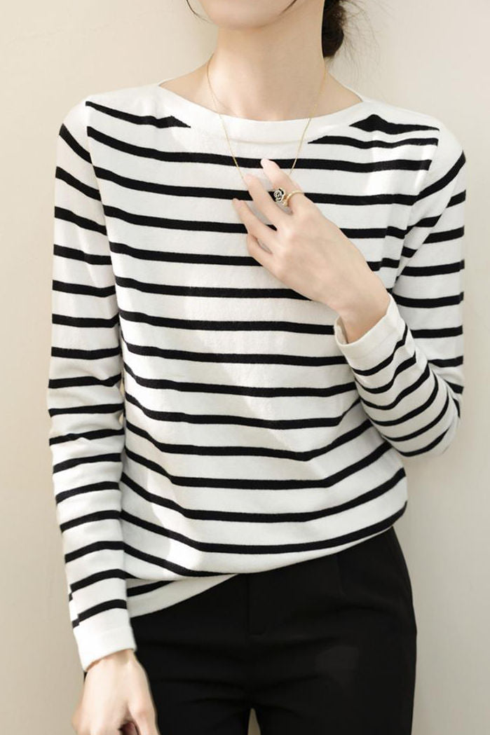 Unique Black and White Striped Long-Sleeve Knit Top - liwisi