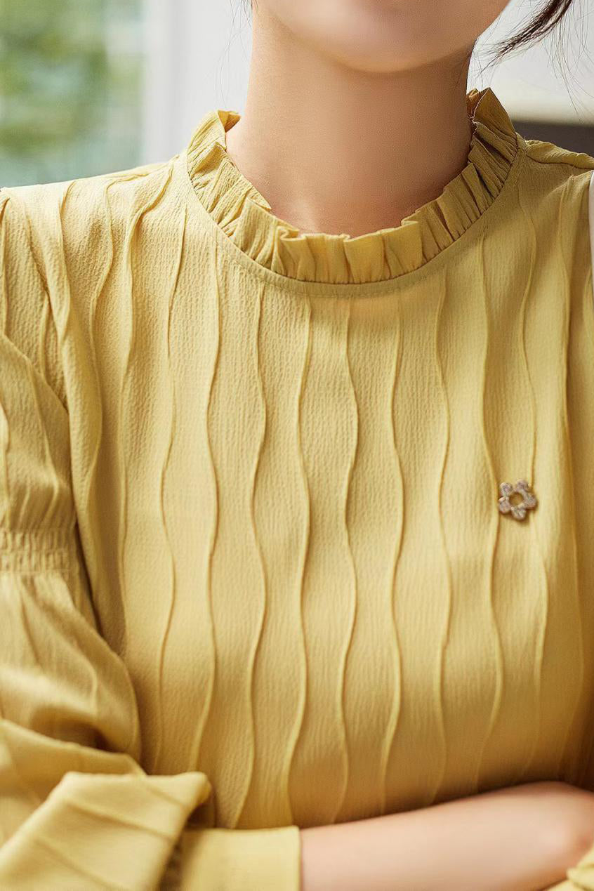 Ruffled Collar Flower Brooch Decor Striped Blouse - 3 Colors Available - liwisi
