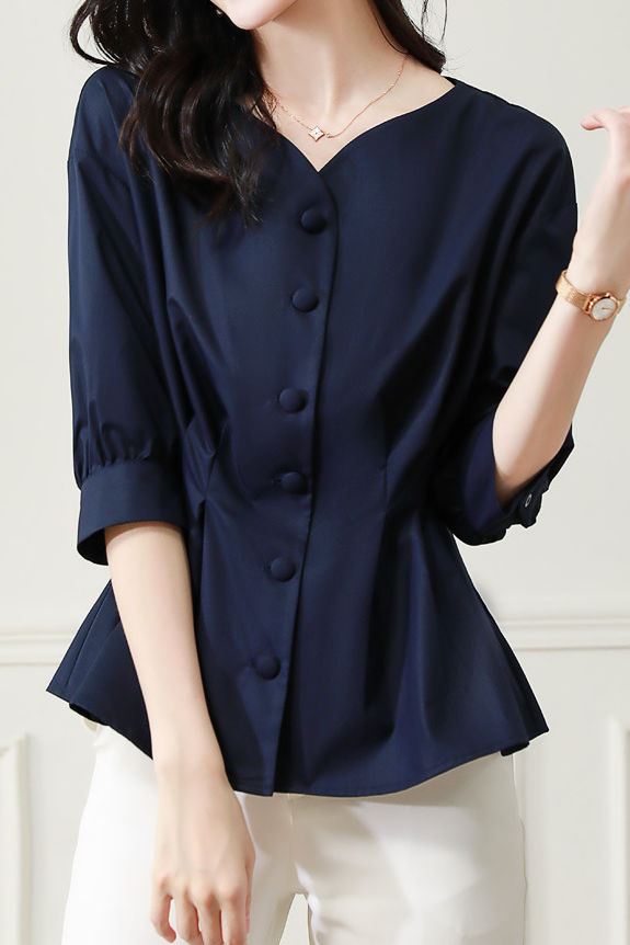 Elegant Office Seven-Sleeve Waist-Slimming Pleated Shirt - liwisi
