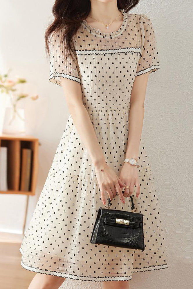 Ruffle Collar Small Floral Flock Flare Dress with Lining - liwisi