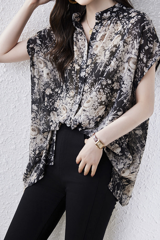 Skipper Collar Side Slit Flower Print Shirt - liwisi