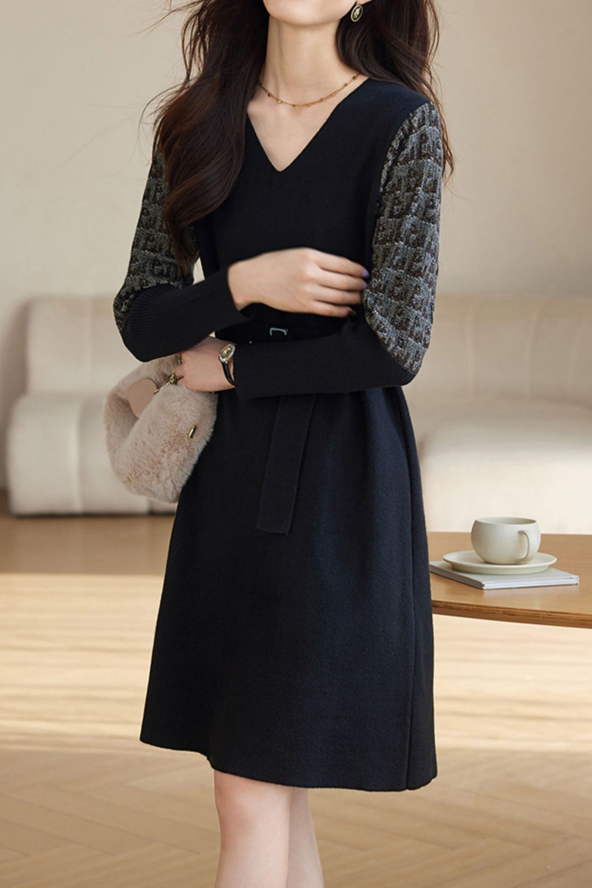 Mid-Length Patchwork Knit Dress - liwisi