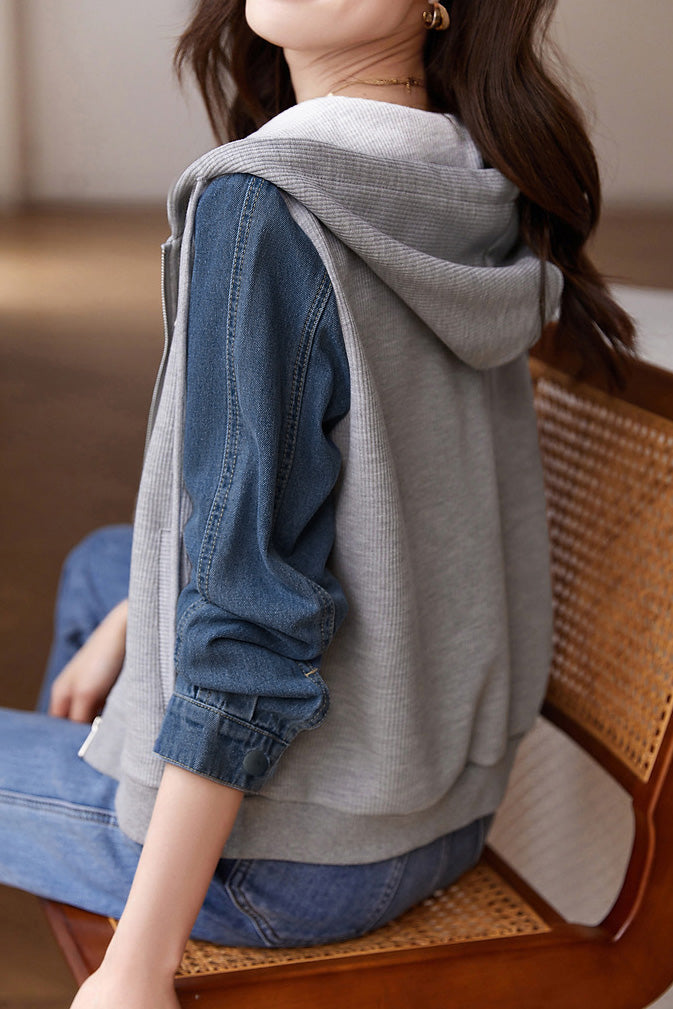 Hooded Zip-Up Denim Contrast Jacket - liwisi