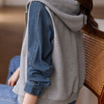 Hooded Zip-Up Denim Contrast Jacket - liwisi