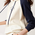 Cuffed Bi-Color Embroidered Drawstring Hooded Sweatshirt - liwisi