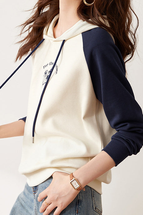 Cuffed Bi-Color Embroidered Drawstring Hooded Sweatshirt - liwisi