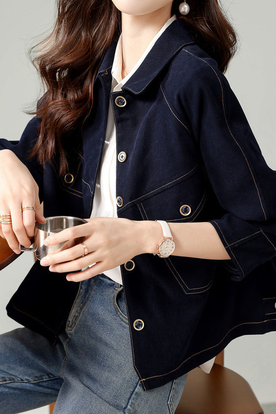 Fashionable Folded Collar Denim Jacket - liwisi