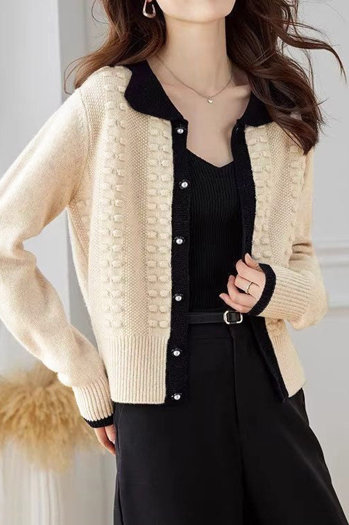 Shirt Collar Jacquard Knit Cardigan - 2 Colors Available - liwisi