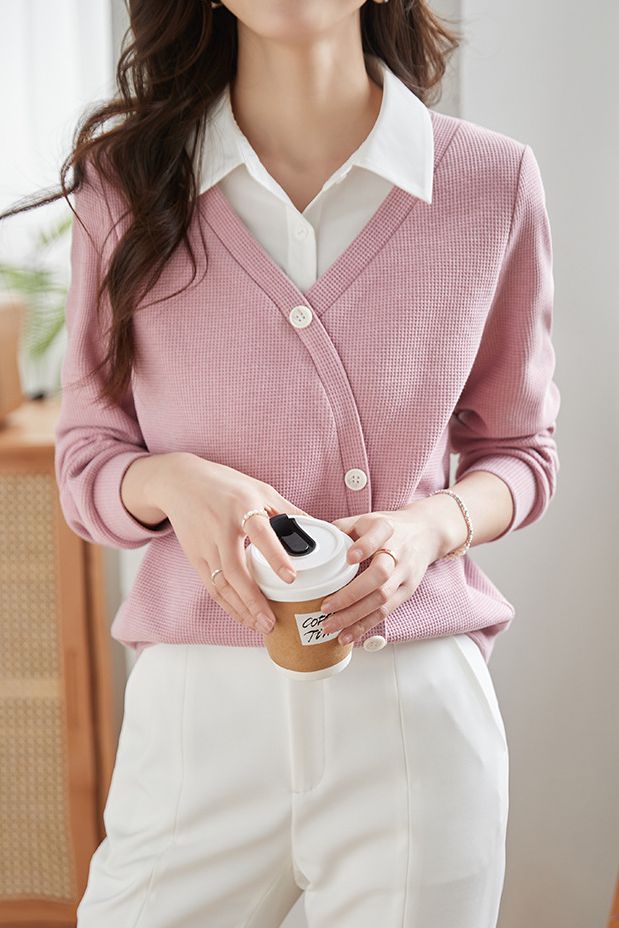 Faux Two-Piece Waffle Knit Sweatshirt - liwisi