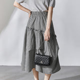 Asymmetrical Contrast Ruffle Decor Long Check Skirt - liwisi