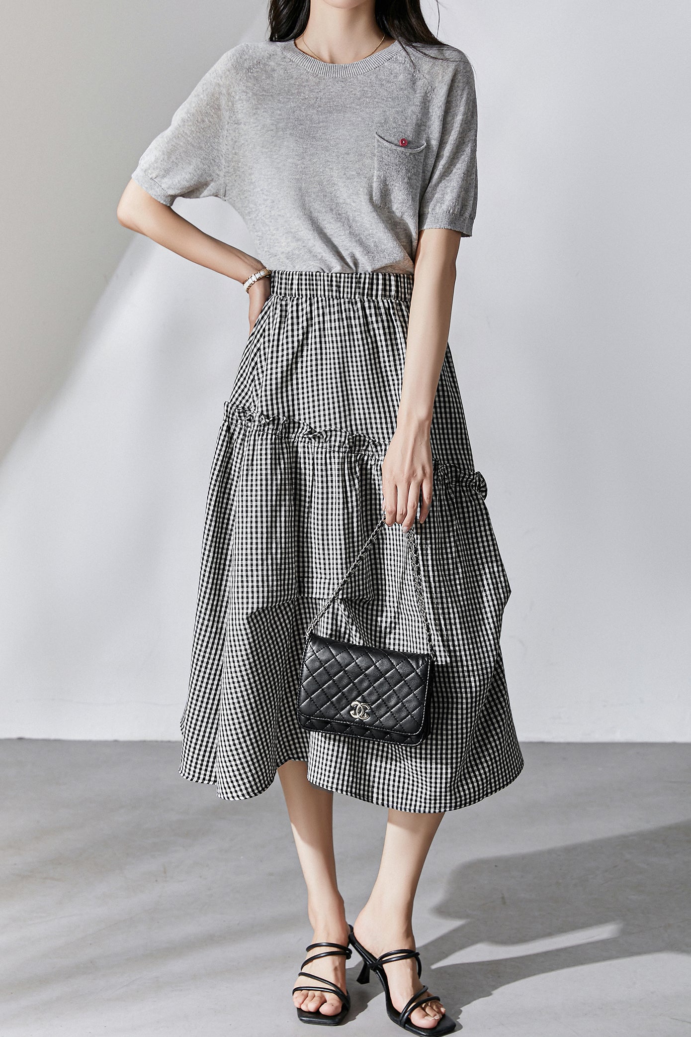 Asymmetrical Contrast Ruffle Decor Long Check Skirt - liwisi