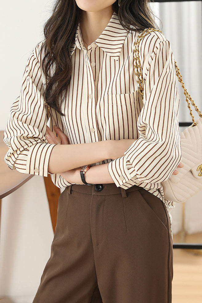 Basic Shirt Collar Striped Bi-Color Shirt - liwisi