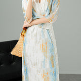 V-Neck Colorful Ink Print Long Dress with Lining - liwisi